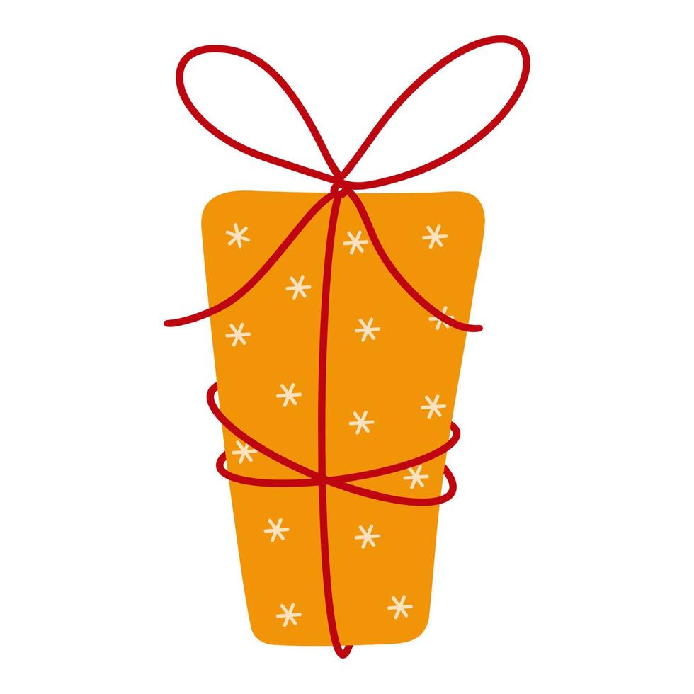 Surprise golden gift box vector icon. Present for Christmas, holidays. The package is decorated with snowflakes and tied with a red ribbon. Flat clipart isolated on white. Illustration for cards, logo