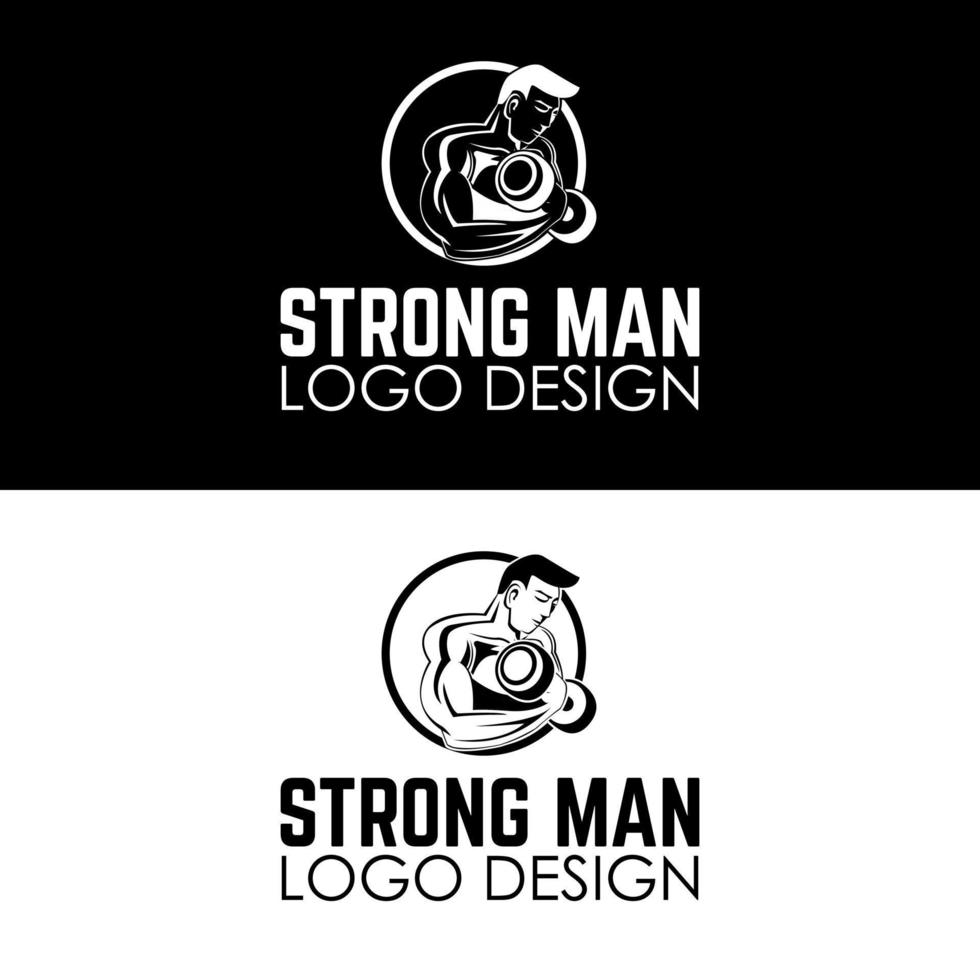 strong man gyms male bodybuilder flexing showing off bicep holding dumbbell in silhouette gym logo vector