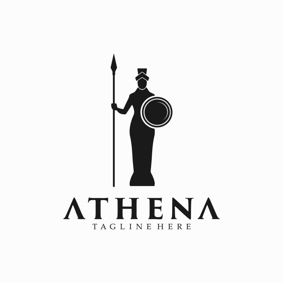 silueta de athena minerva con diseño de logotipo de escudo y lanza vector