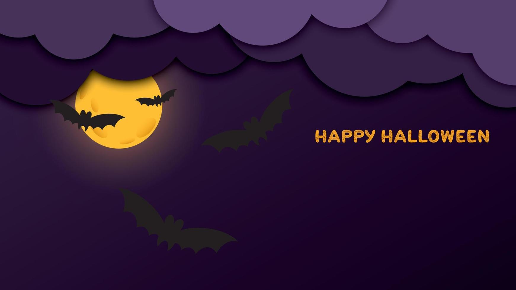 feliz fiesta de halloween tiene espacio en blanco con nubes nocturnas, luna llena y murciélagos en estilo de corte de papel. vector