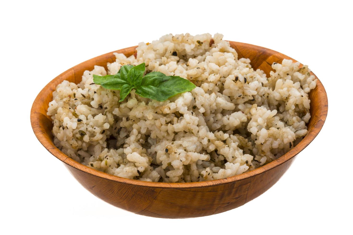 Boiled rice on white photo