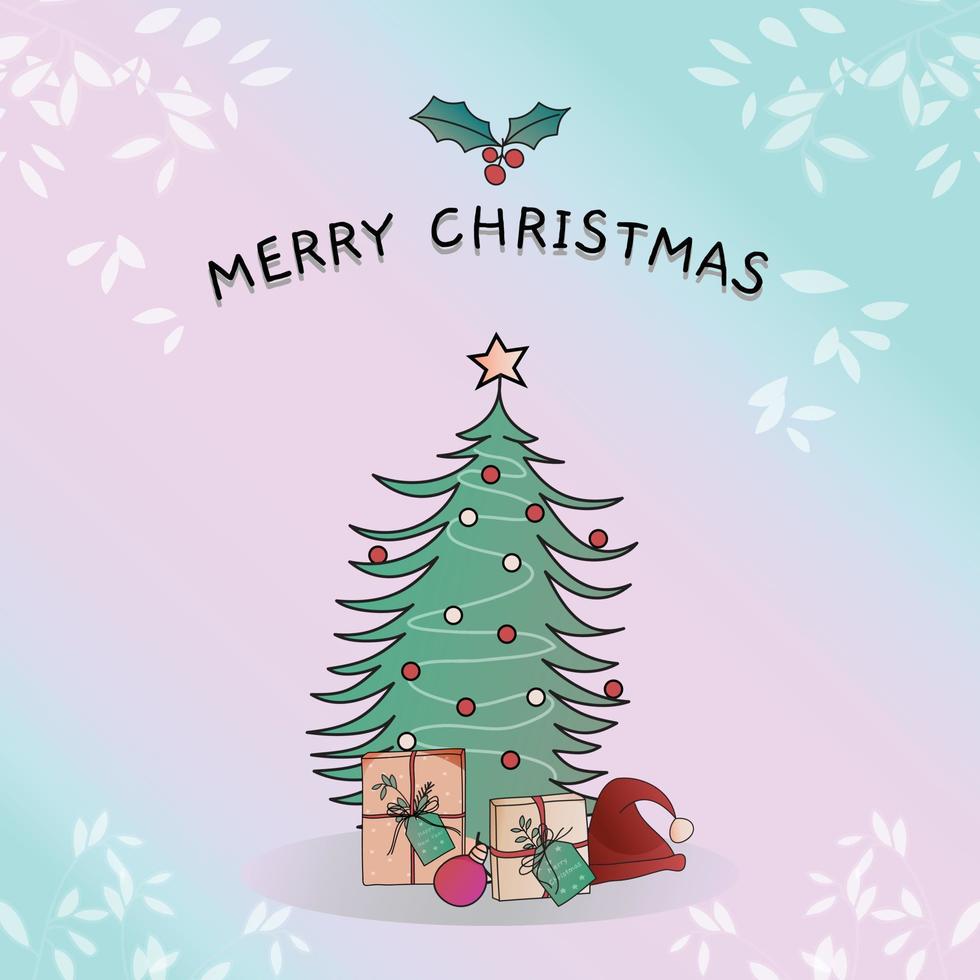 árbol de navidad, presente y decoración navideña con saludo de feliz navidad. vector