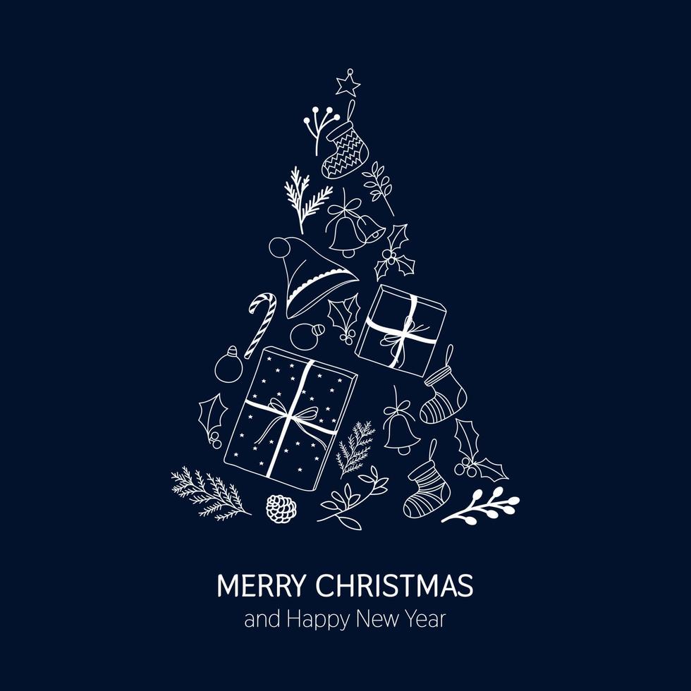 Christmas tree arranged with christmas stuff with Merry Christmas and Happy new year greeting on navy blue background. vector