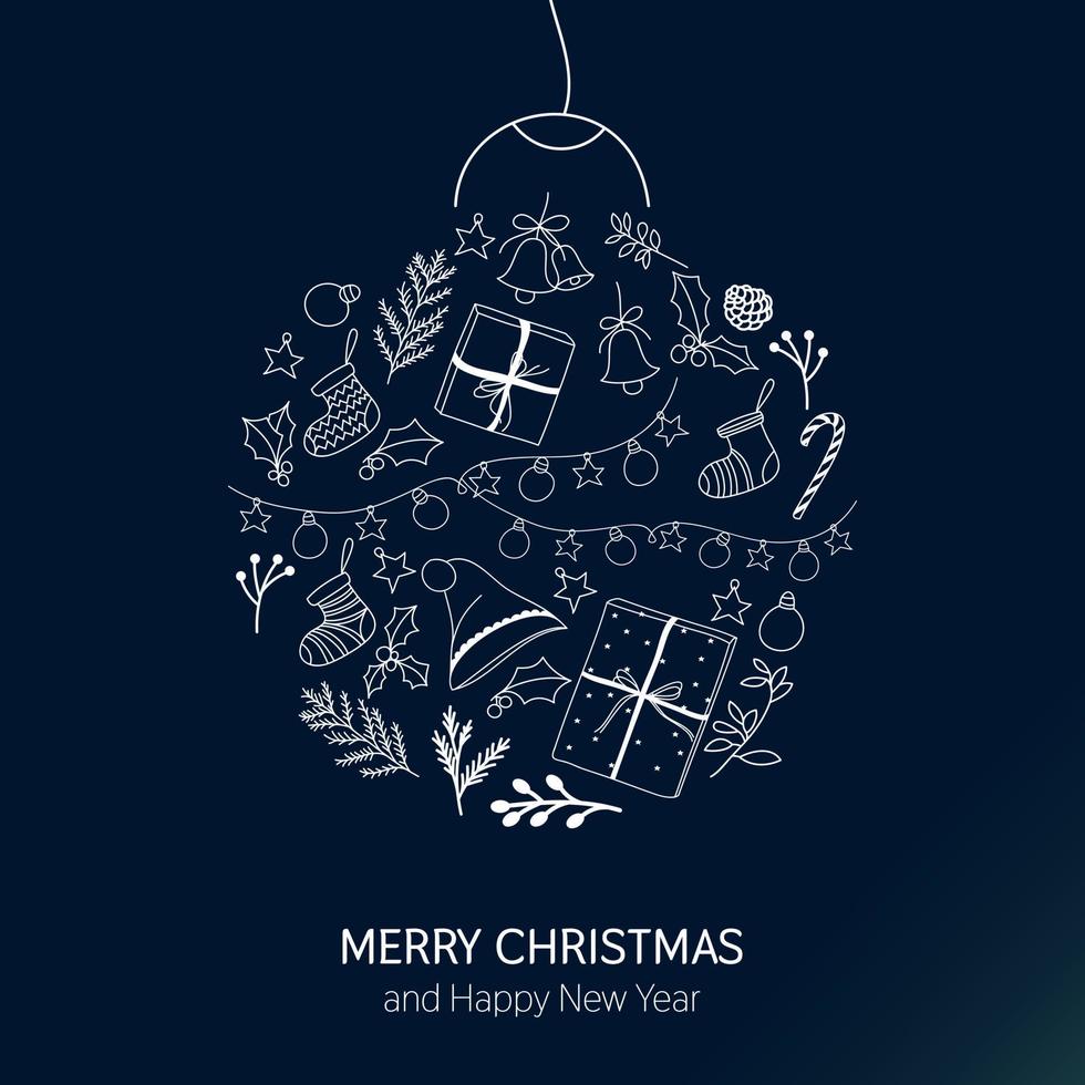 Christmas bell arranged with christmas ornament with Merry Christmas and happy new year greeting on navy background. vector