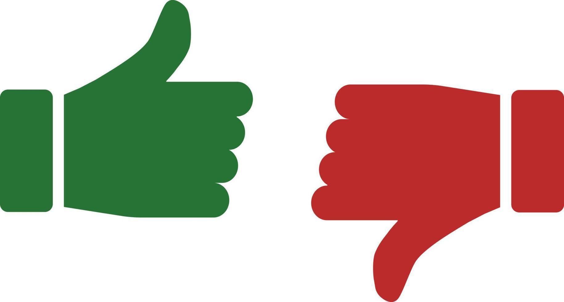 Thumb up and thumb down, vector. The thumbs up and thumbs down icons are green and red. vector