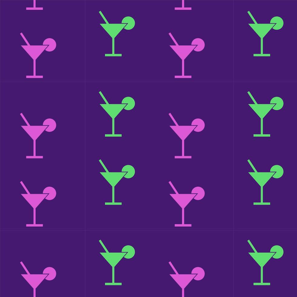 Cocktail, seamless pattern, vector. Pattern of glasses in green and pink on a purple background. vector