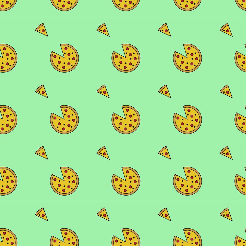 Pizza, seamless pattern, vector. Pattern of pizza and pizza slices on a green background. vector