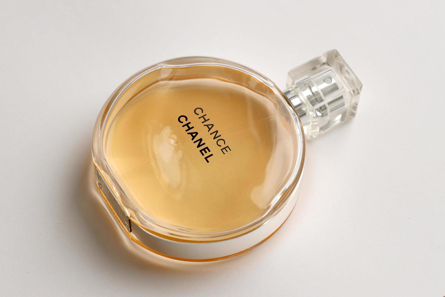 TERNOPIL, UKRAINE - SEPTEMBER 2, 2022 Chanel Chance worldwide famous french perfume bottle on white background photo