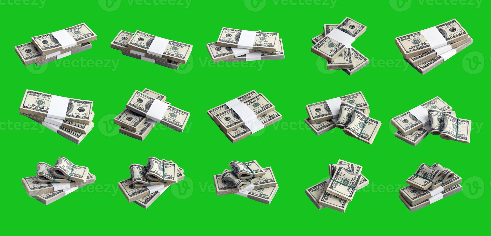 Big set of bundles of US dollar bills isolated on chroma key green. Collage with many packs of american money with high resolution on perfect green background photo