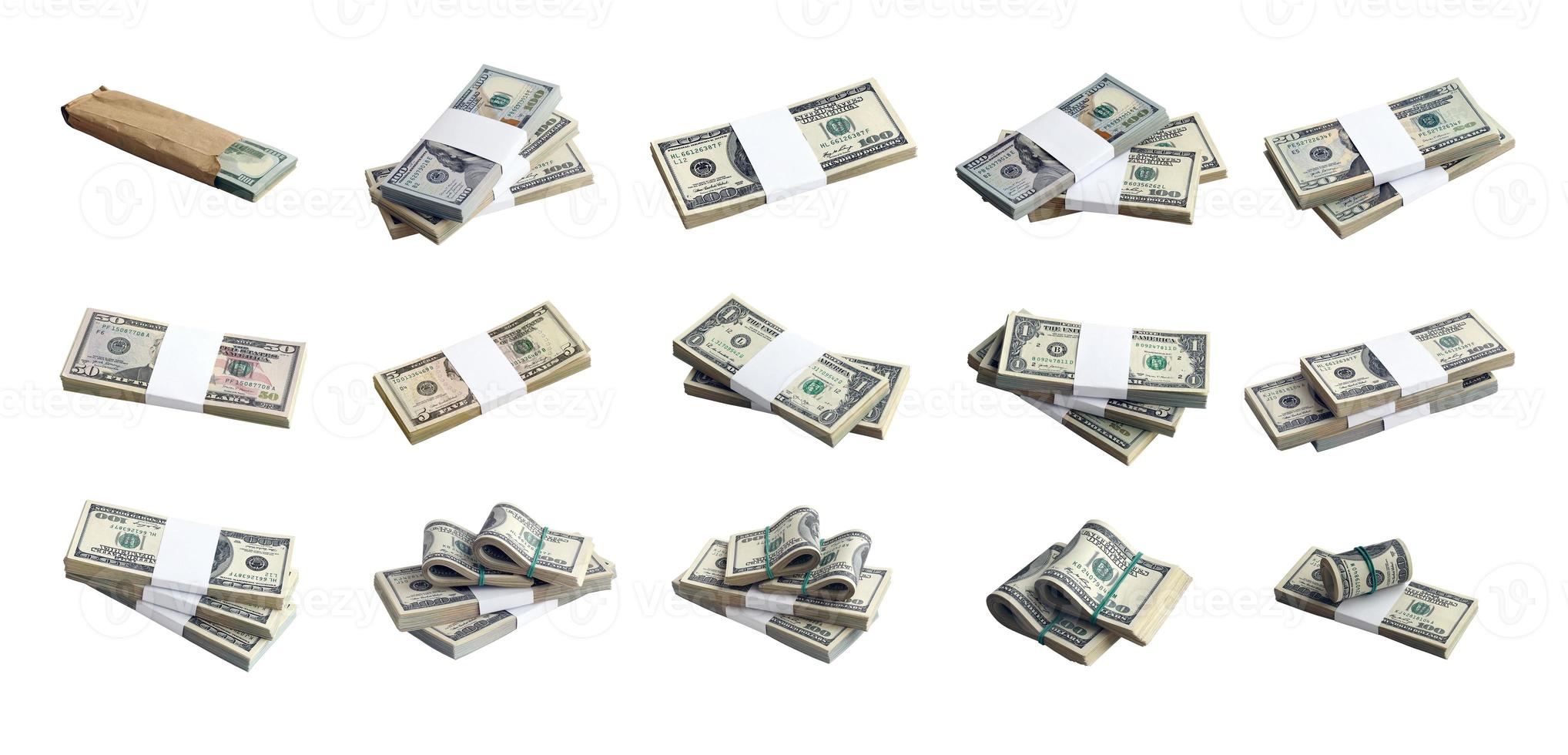 gran conjunto de fajos de billetes de dólar estadounidense aislados en blanco. collage con muchos paquetes de dinero americano con alta resolución en un fondo blanco perfecto foto