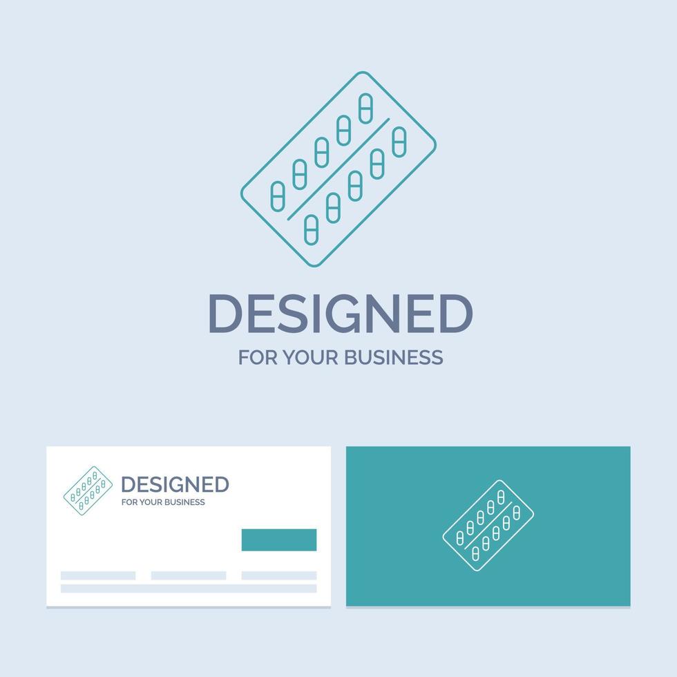 medicine. Pill. drugs. tablet. packet Business Logo Line Icon Symbol for your business. Turquoise Business Cards with Brand logo template vector