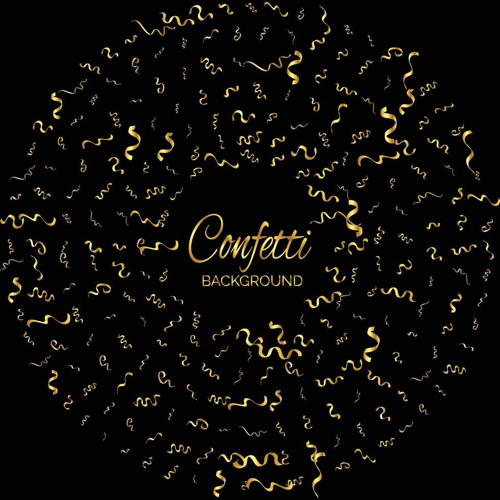 Golden Confetti And Streamer Ribbon Falling On Black Background. Vector