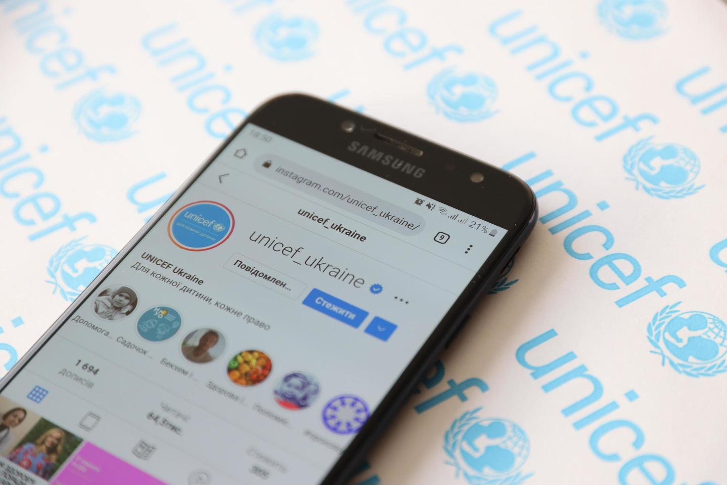 TERNOPIL, UKRAINE - MAY 2, 2022 UNICEF instagram account on smartphone screen - United Nations programm that provides humanitarian and developmental assistance to children photo