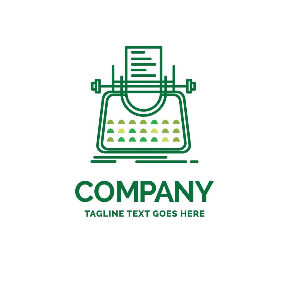 artículo. Blog. historia. máquina de escribir. plantilla de logotipo de empresa plana de escritor. diseño creativo de marca verde. vector
