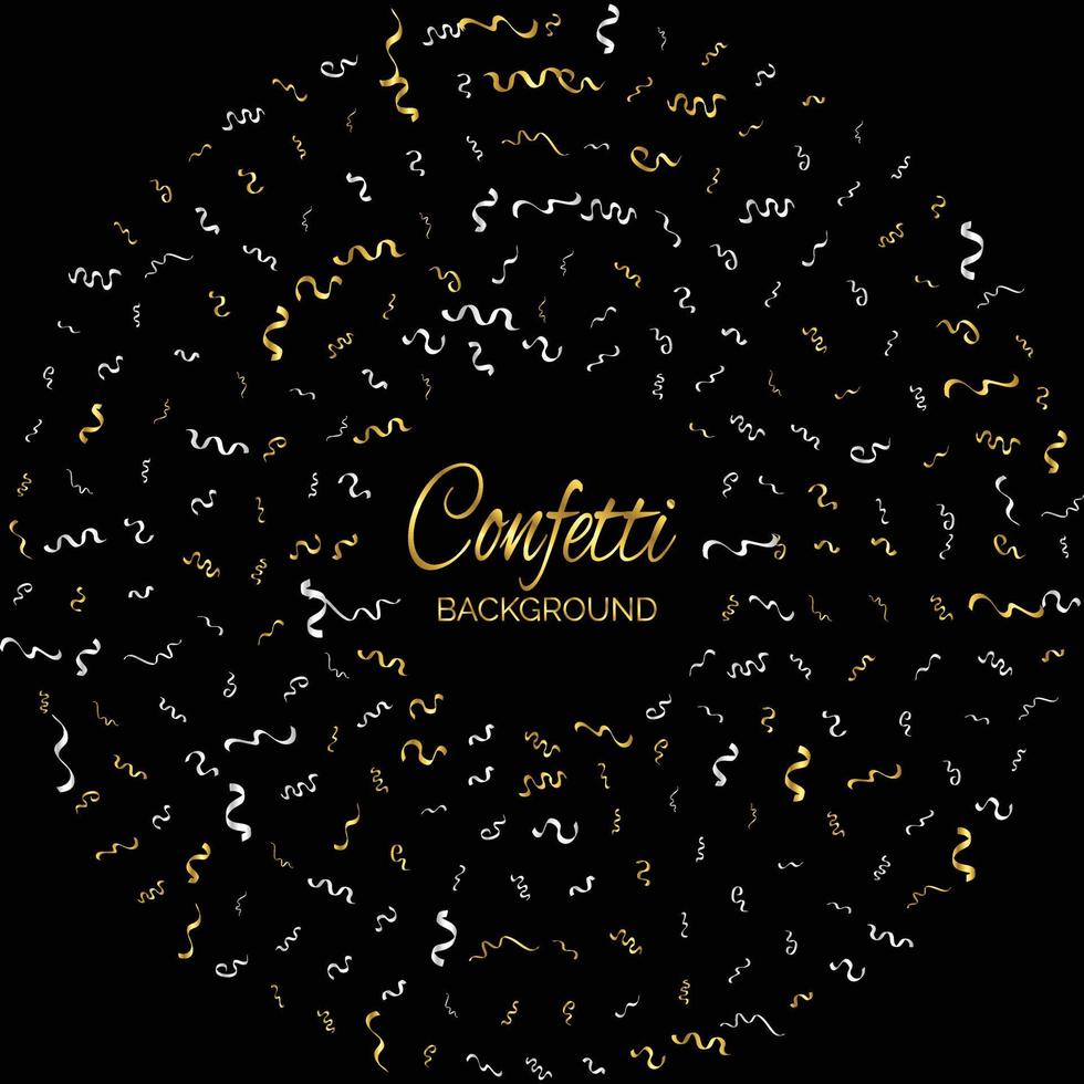 Golden Confetti And Streamer Ribbon Falling On Black Background. Vector