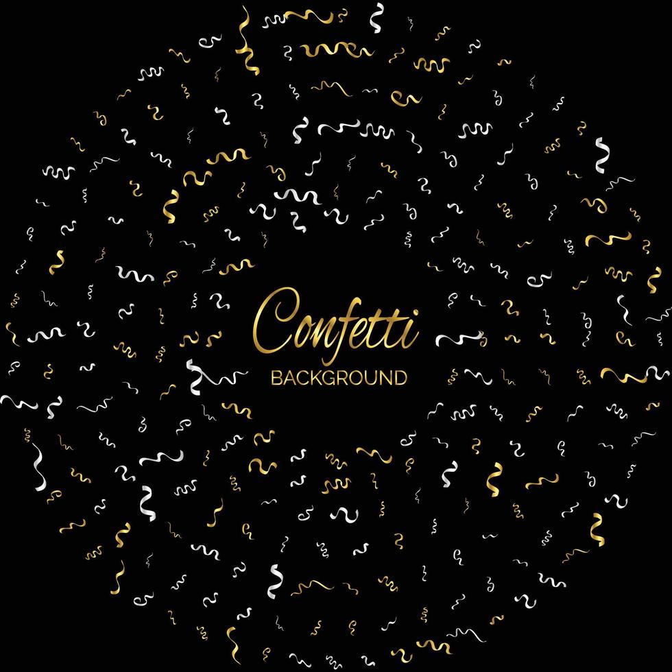 confeti dorado y cinta de serpentina cayendo sobre fondo negro. vector