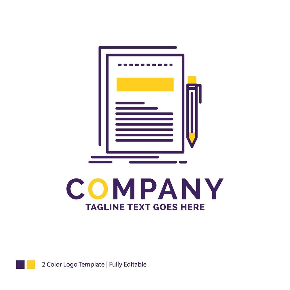 Company Name Logo Design For Business. document. file. paper. presentation. Purple and yellow Brand Name Design with place for Tagline. Creative Logo template for Small and Large Business. vector