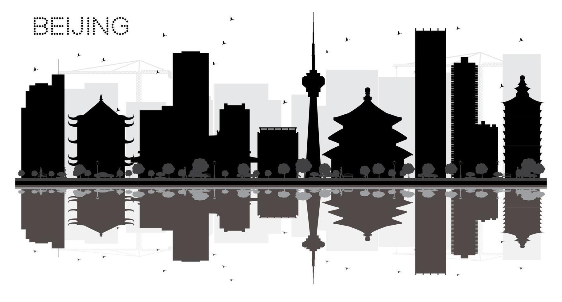 silueta en blanco y negro del horizonte de la ciudad de beijing con reflejos. vector