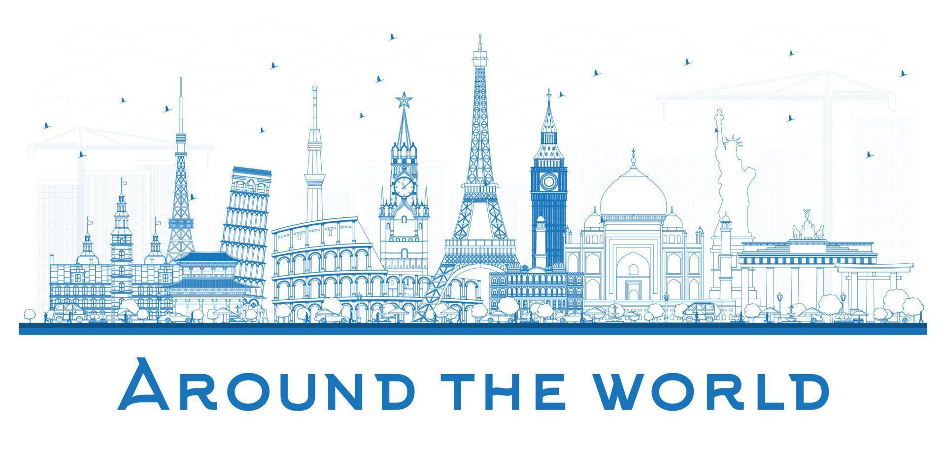 Around the World OutlineTravel Concept with Famous International Landmarks. vector
