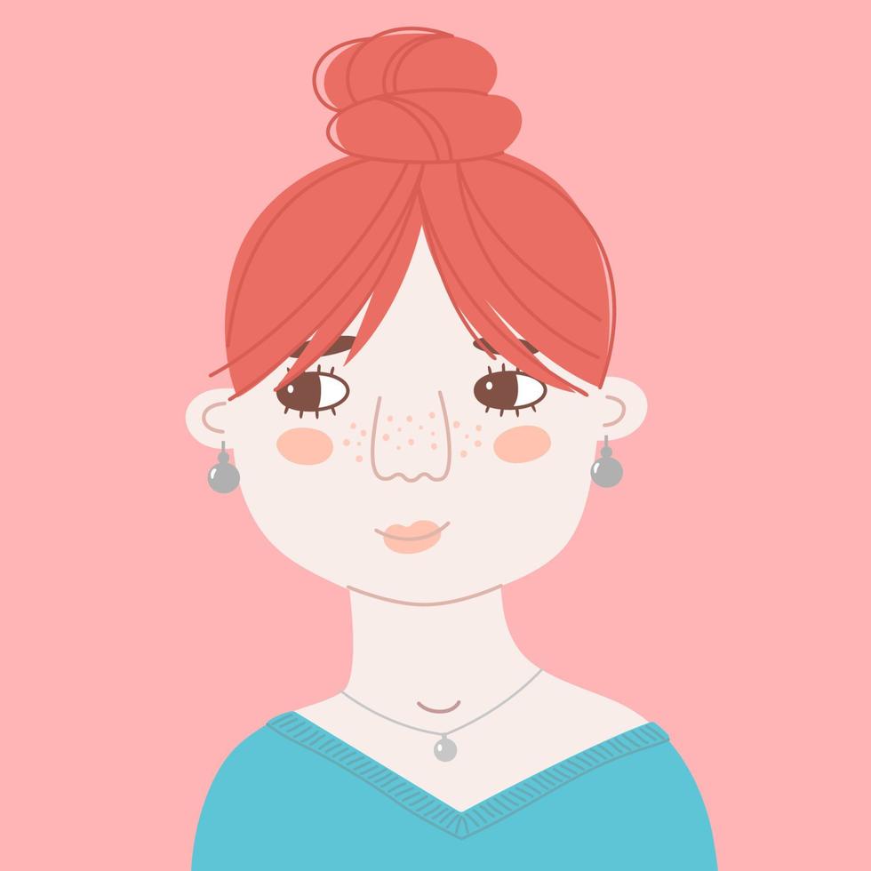 Portrait of a cute smiling young woman with red hair. Vector flat illustration of a girl in a sweater. Modern lady with bun hairstyle looks sideways. Hand drawn cartoon avatar for social network.