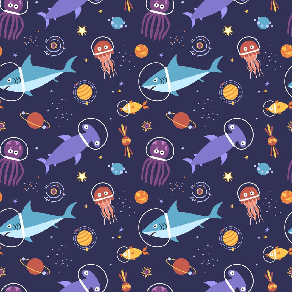 Marine life in space shark, crab, jellyfish. Seamless pattern, vector illustration