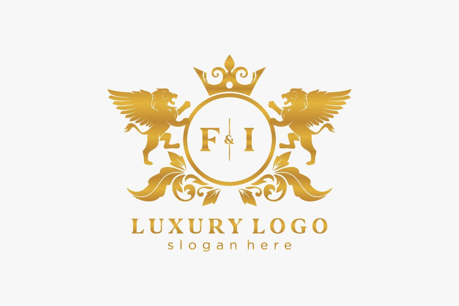 Initial FI Letter Lion Royal Luxury Logo template in vector art for Restaurant, Royalty, Boutique, Cafe, Hotel, Heraldic, Jewelry, Fashion and other vector illustration.