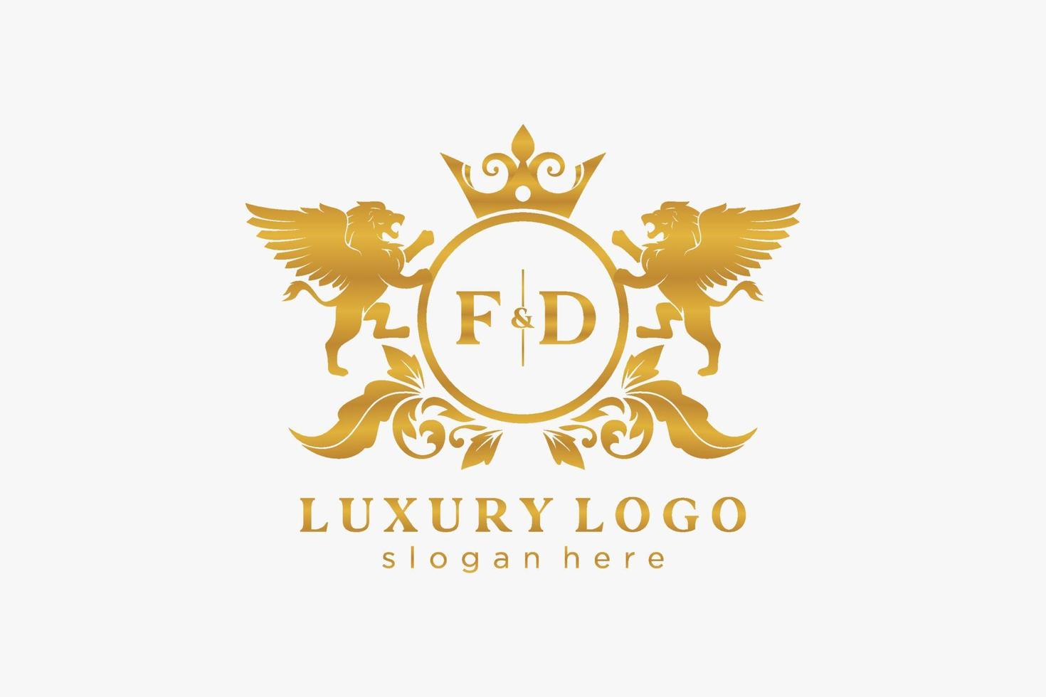 Initial FD Letter Lion Royal Luxury Logo template in vector art for Restaurant, Royalty, Boutique, Cafe, Hotel, Heraldic, Jewelry, Fashion and other vector illustration.