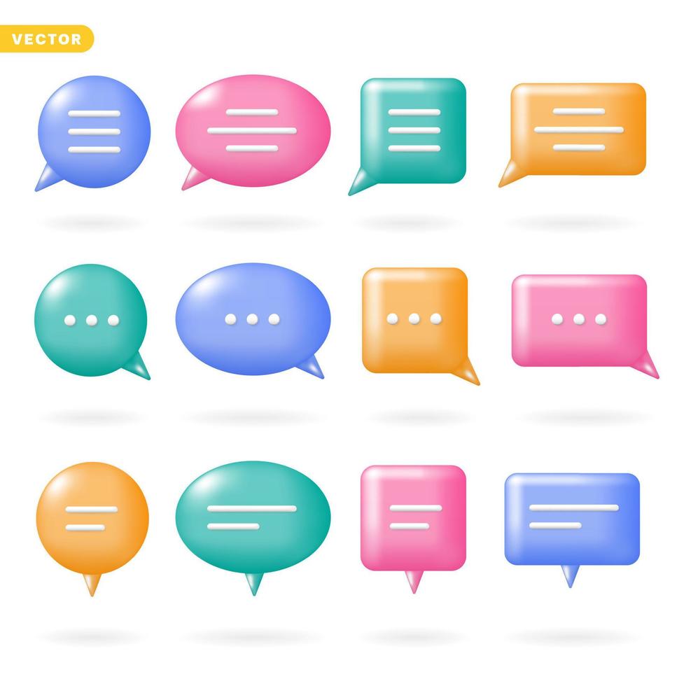 3D Color Speech Bubble Balloon Element for Conversation Comic Talking Speaking Message Text Bubble Decoration Round Oval Square Rectangle Shape Sign Symbol Icon Set Collection Vector Illustration