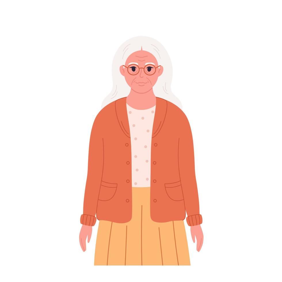 anciana de cabello gris con anteojos y tela elegante. abuela senior sonriente en traje moderno. mujer jubilada. vector