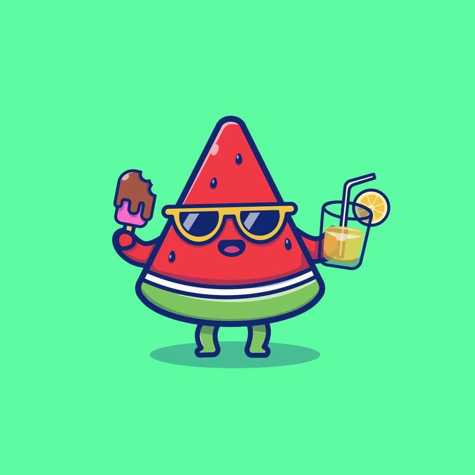 linda sandía con helado y jugo de naranja caricatura vector icono ilustración. concepto de icono de fruta de verano vector premium aislado. estilo de dibujos animados plana