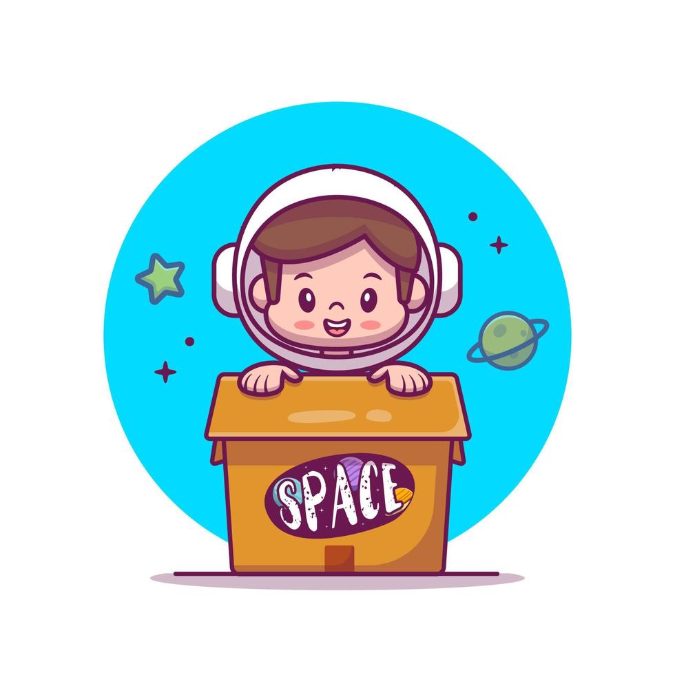 Cute Astronaut Kid In Box Cartoon Vector Icon Illustration. People And Object Icon Concept Isolated Premium Vector. Flat Cartoon Style