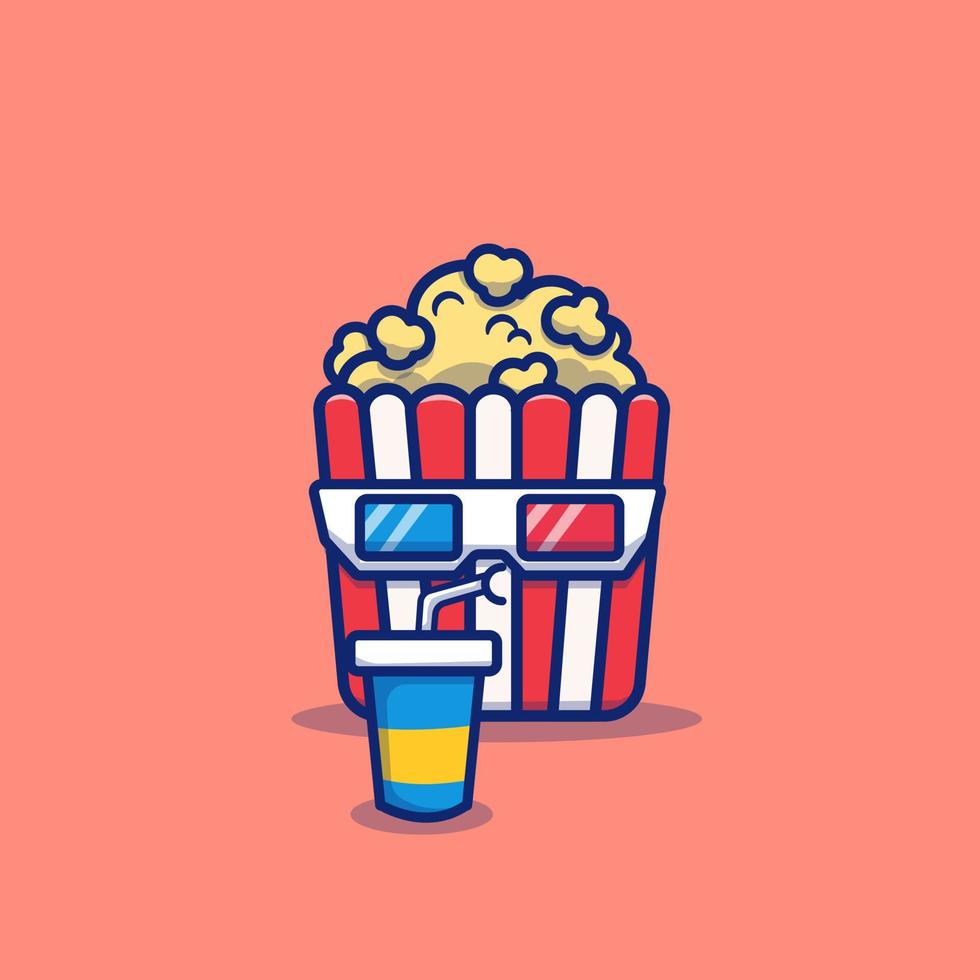 lindo palomitas de maíz bebiendo soda dibujos animados vector icono ilustración. concepto de icono de comida y bebida de película vector premium aislado. estilo de dibujos animados plana