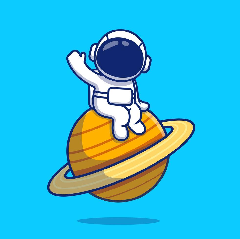 Cute Astronaut Sitting On Planet Cartoon Vector Icon Illustration Science Technology Icon Concept Isolated Premium Vector. Flat Cartoon Style