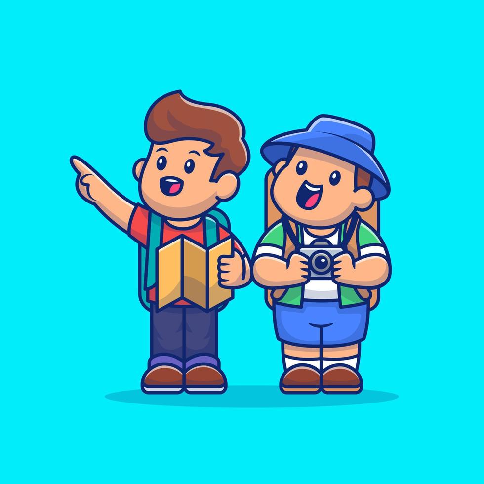 Cute Tour Guide And Tourist Cartoon Vector Icon Illustration. People And Travel Icon Concept Isolated Premium Vector. Flat Cartoon Style