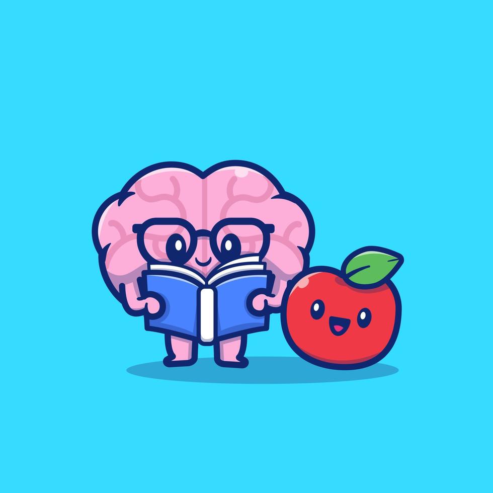 libro de lectura de cerebro lindo con ilustración de icono de vector de dibujos animados de manzana. concepto de icono de educación vector premium aislado. estilo de dibujos animados plana