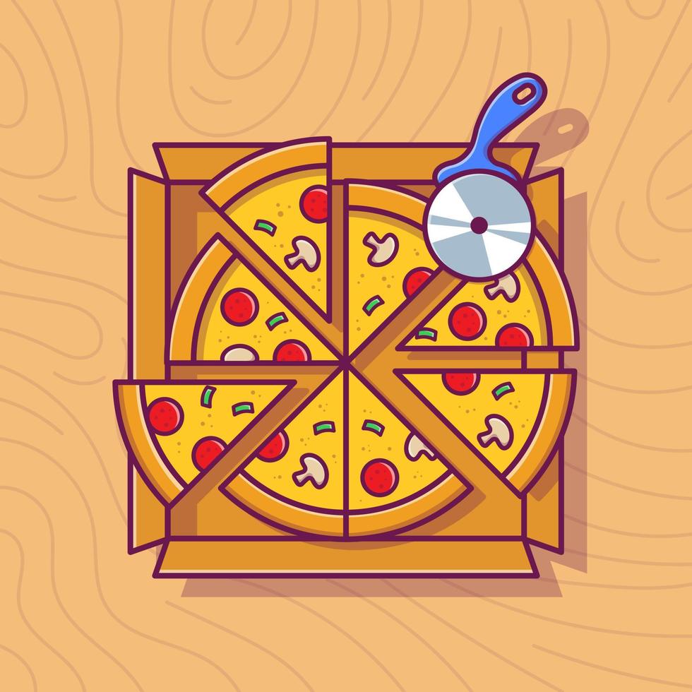Pizza Slice On Box Cartoon Vector Icon Illustration. Food Object Icon Concept Isolated Premium Vector. Flat Cartoon Style