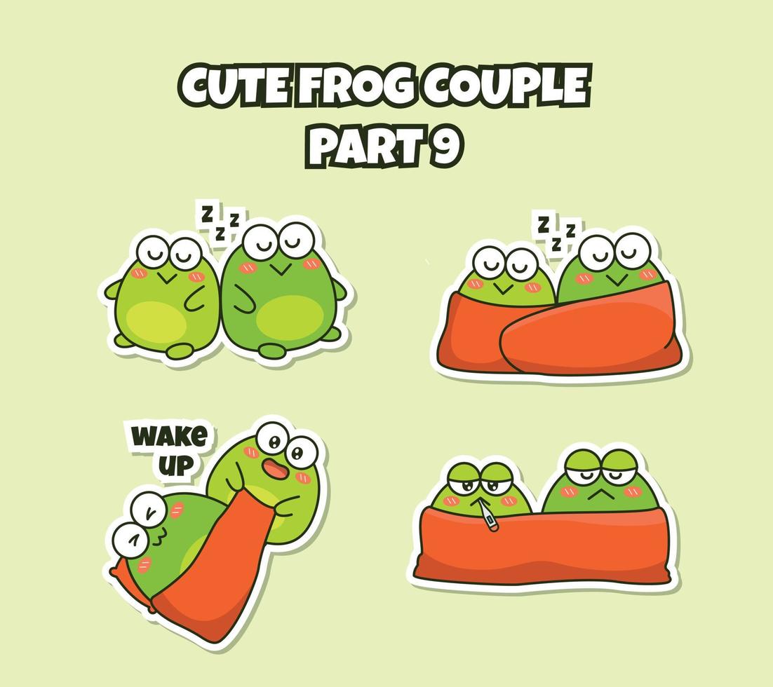 Set of cute kawaii couple little frog sticker emoji sleep sick and wake up emoticon vector