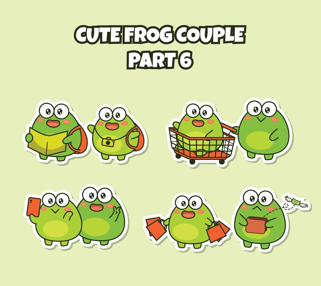 Set of cute kawaii couple little frog sticker emoji traveling shopping selfie no money emoticon vector