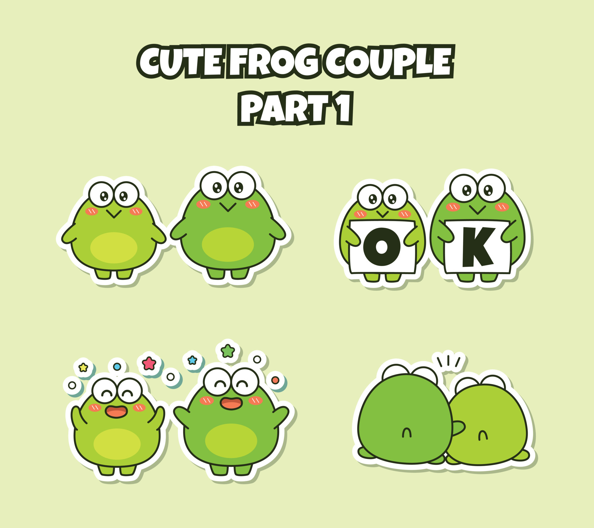 Set of cute kawaii couple little frog sticker emoji expression say OK