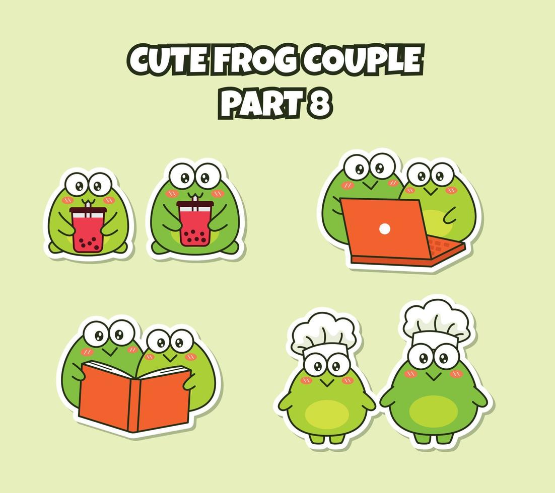 Set of cute kawaii couple little frog sticker emoji drink bubble tea watch on computer reading book chef emoticon vector