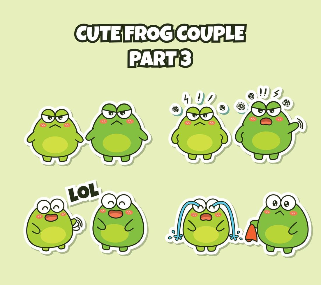 Set of cute kawaii couple little frog sticker emoji angry laughing out loud cry emoticon vector