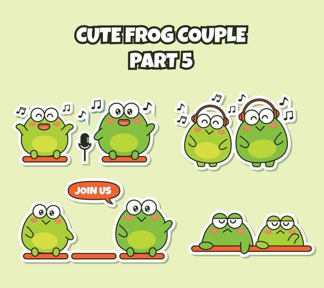 Set of cute couple frog sticker emoji singing with headphone and microphone join us feel boring or sad emoticon vector