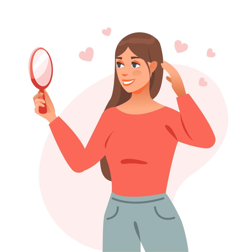 Self love concept. The girl admires herself in the mirror. Mental health. Cartoon vector illustration