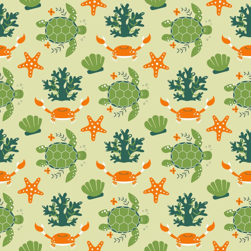 Seamless pattern with sea turtles. Background with marine inhabitants. Vector image with crabs, shells and corals