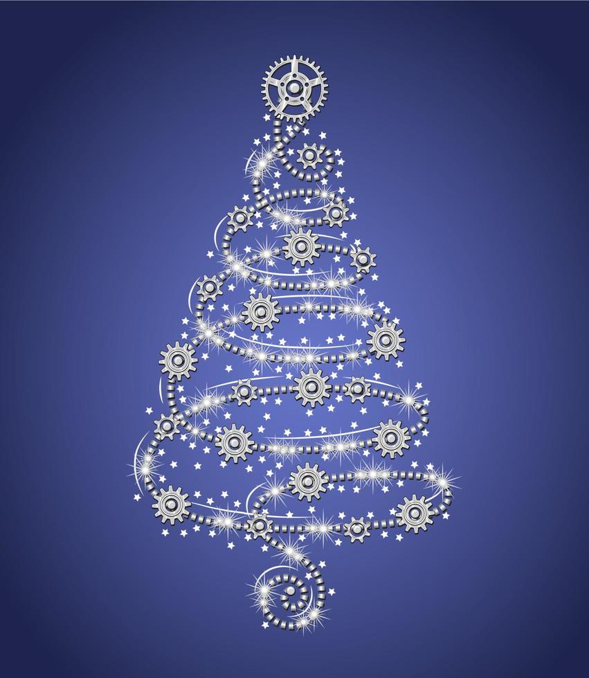 Silver christmas tree made of dotted line with gears, sparkles, little scattered stars on a blue background in steampunk style. Delicate spiral shape. Vector illustration