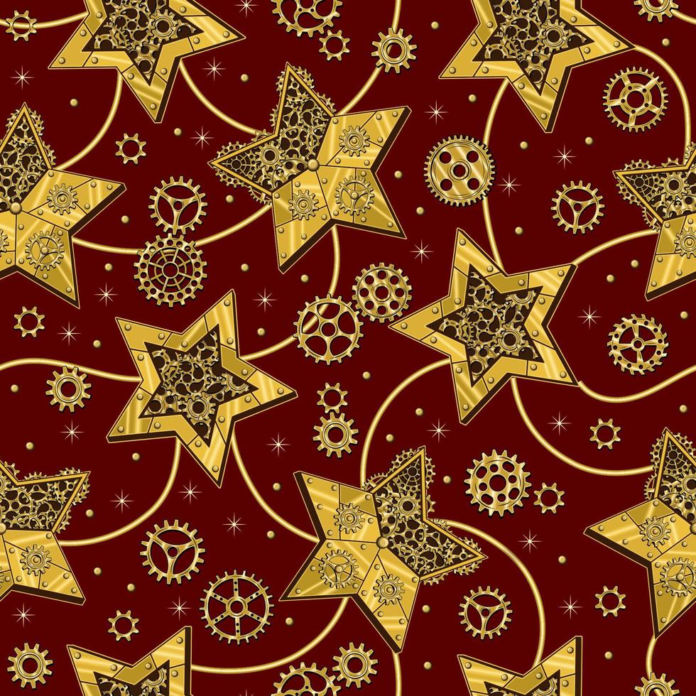 patrón con engranajes, estrellas navideñas hechas de latón brillante, placas de metal dorado, engranajes, ruedas dentadas, remaches al estilo steampunk. fondo rojo oscuro. vector