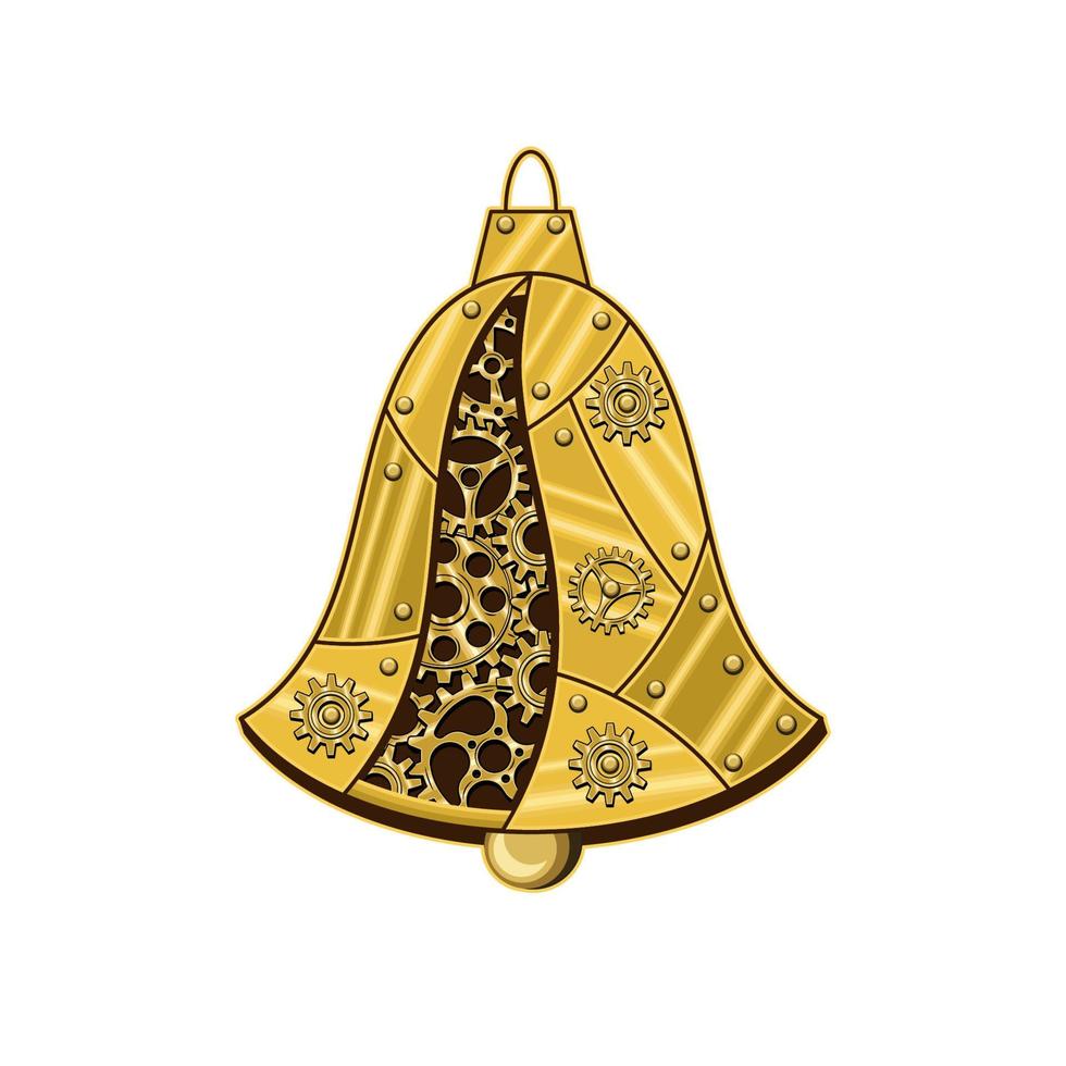 Christmas bell made of shiny brass, gold metal plates, gears, cogwheels, rivets in steampunk style. Vector illustration.