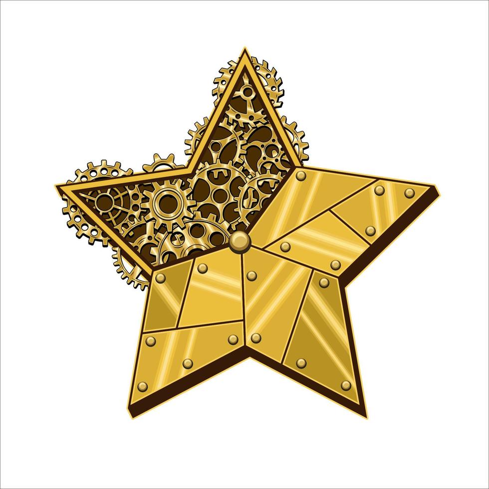 Christmas star made of shiny brass, gold metal plates, gears, cogwheels, rivets in steampunk style. Vector illustration.