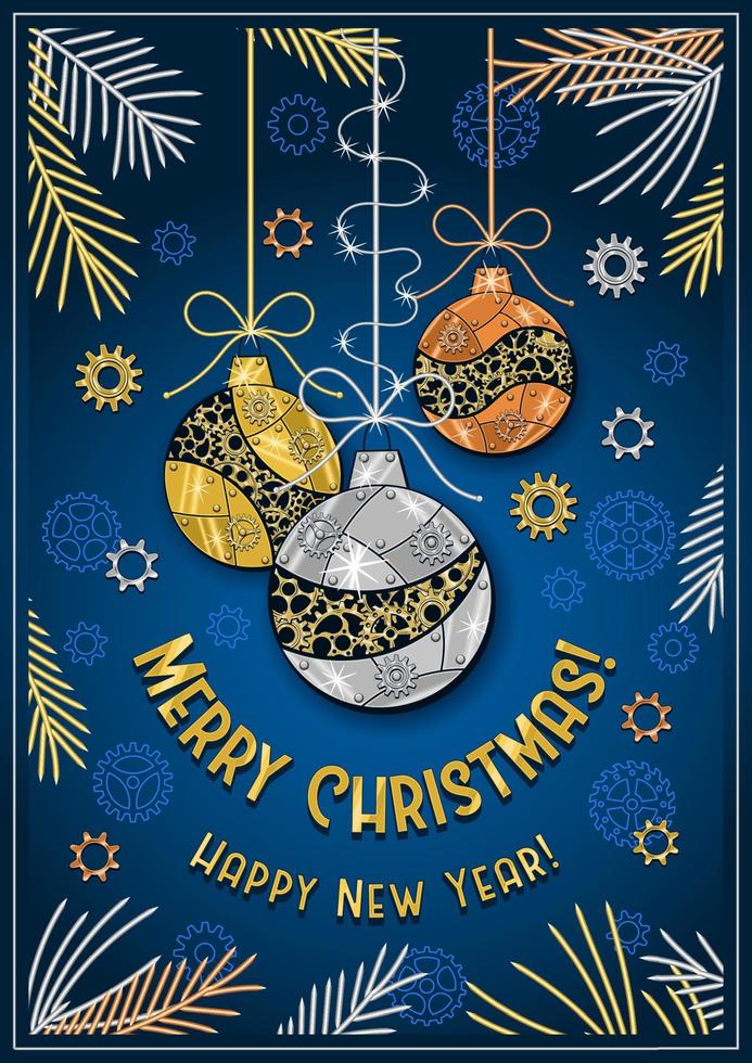 Greeting card template Merry Christmas and Happy New Year. Christmas balls, tree needles, sparkles on blue background. Ornaments made of gears, shiny silver metal plates, rivets in steampunk style. vector