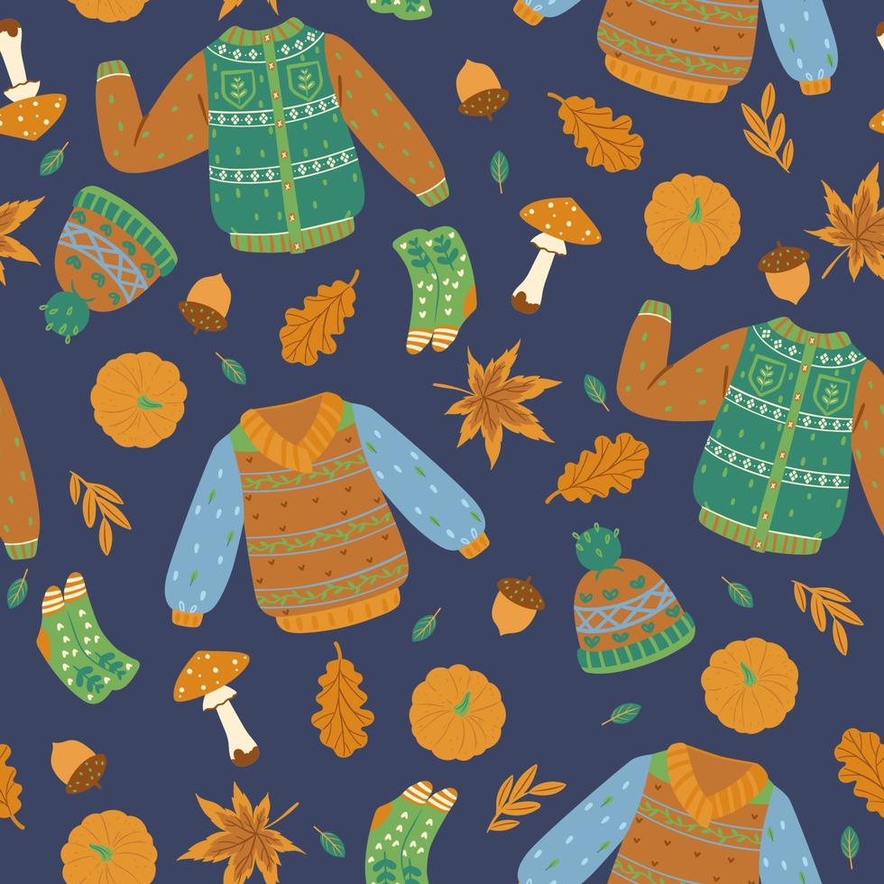 Seamless pattern with autumn sweaters, leaves, pumpkins, mushrooms. Vector graphics.